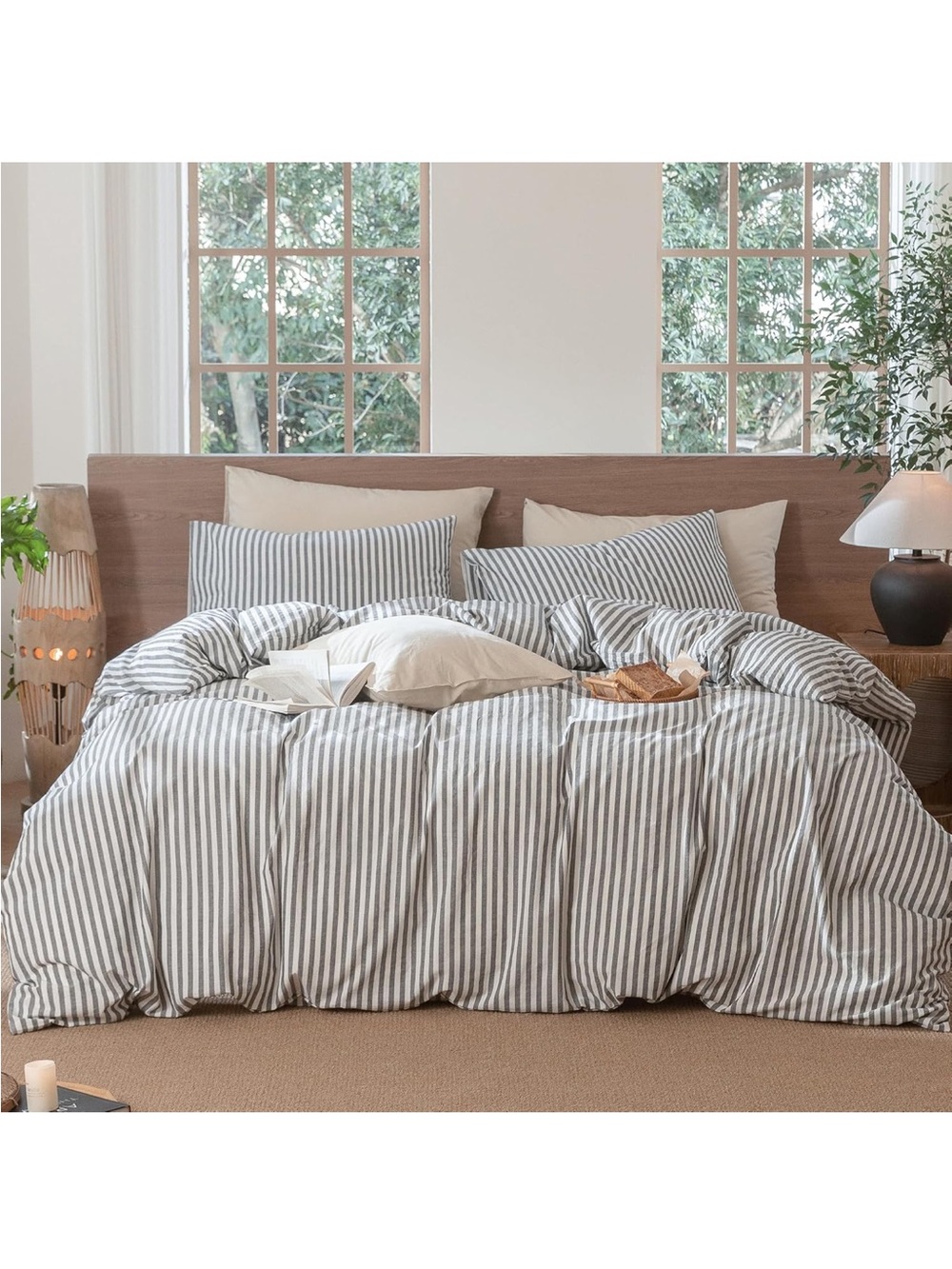 NEW MooMee Classic Striped Duvet Cover Set 100% Washed Cotton Linen Like Texture